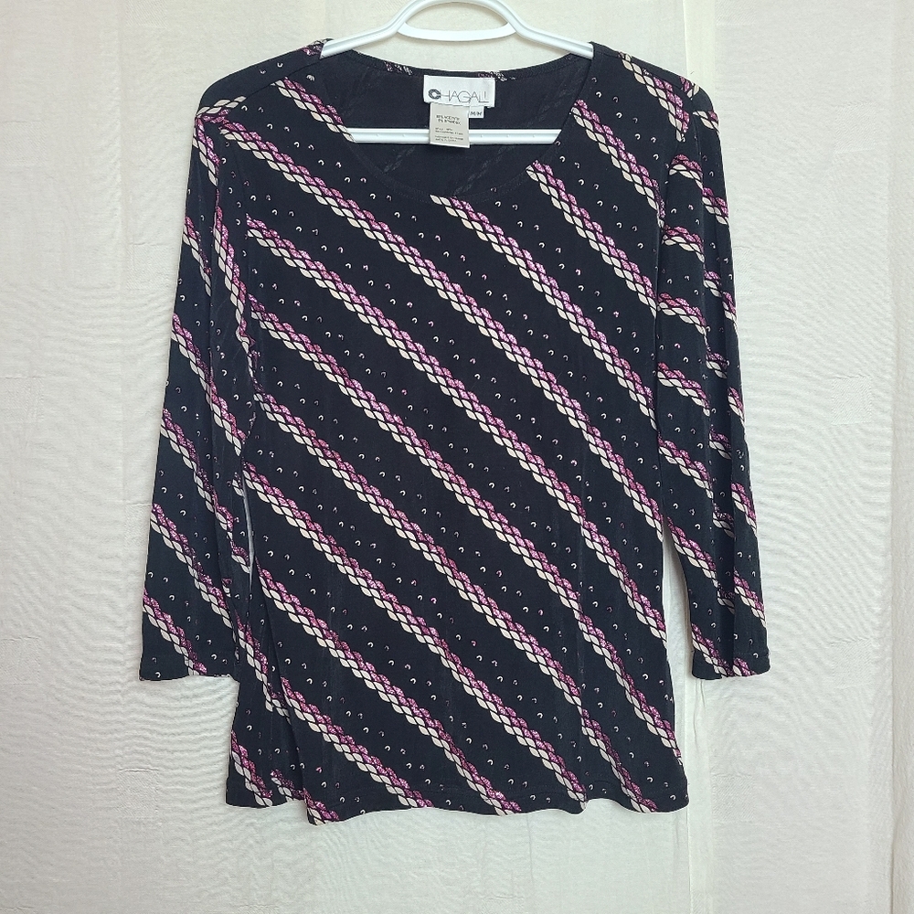 Chagall Women's Shiny Striped Artsy Festive Colorful Casual Shirt